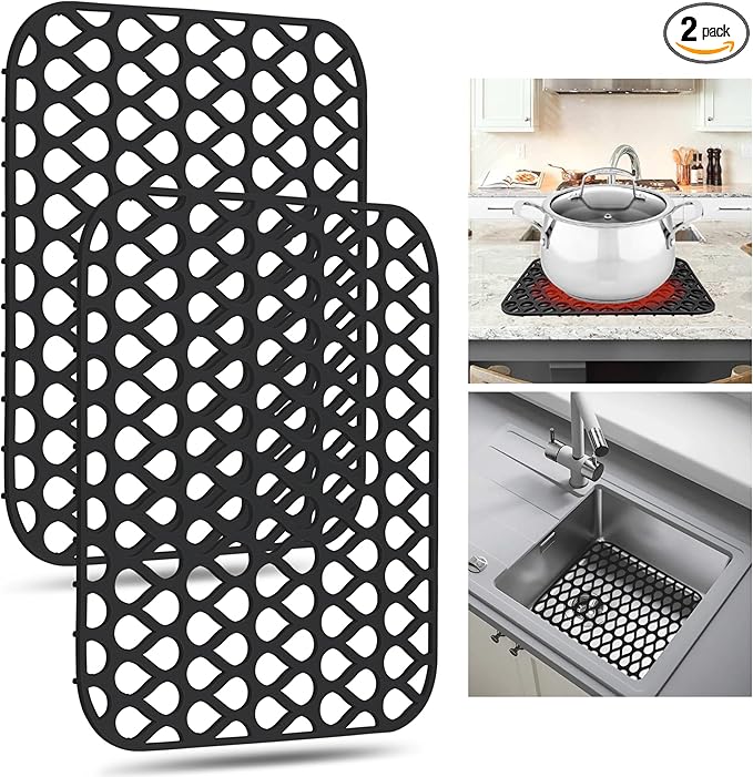 Sink Protectors for Kitchen Sink,2 PCS Silicone Kitchen Mat 13.58"x11.6",Non-Slip Bottom Guard Compatible with Farmhouse/Stainless Steel/Porcelain(Black)