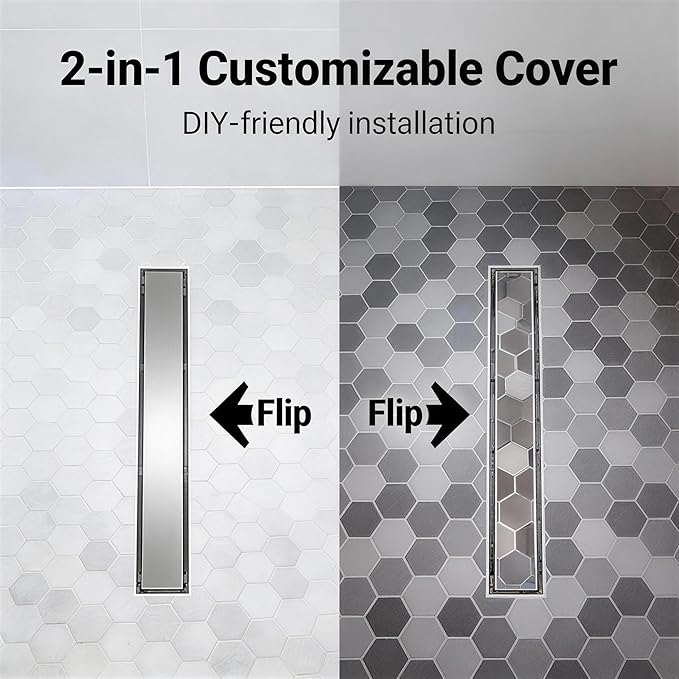 VANCOCO 24 Inch Linear Shower Drain, Brushed 304 Stainless Steel with 2-in-1 Tile Insert Grate, Adjustable Feet & Hair Strainer for Bathroom Remodel