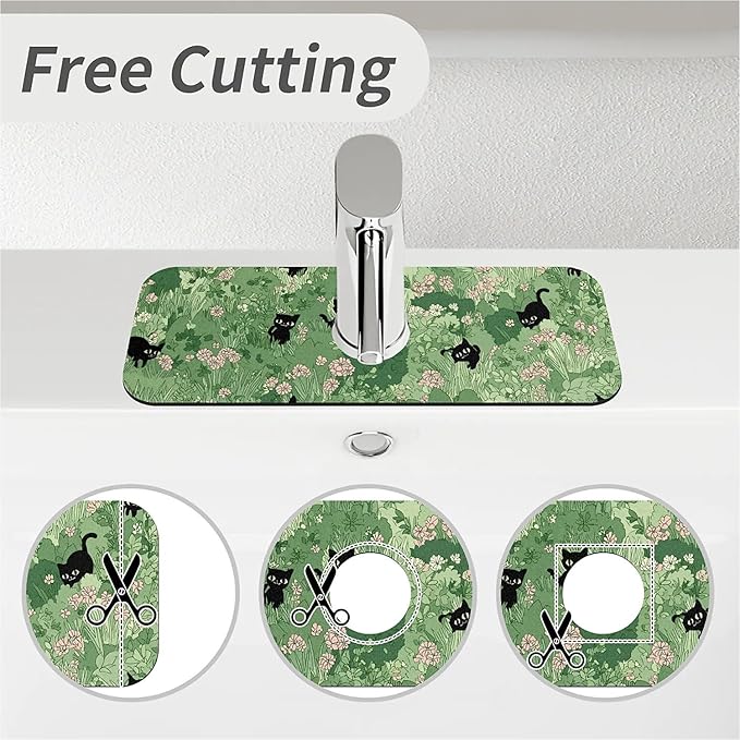 Kitchen Sink Splash Guard，small cats and flowers Faucet Mat Sink Gadgets-Super Absorbent Fast Drying Mat Drip Catcher for Kitchen, Bathroom,Sink Mat, Dish Drying Mat, Bathroom(15" X 5.5" )