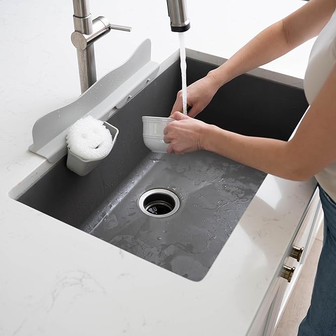 Silicone Sink Splash Guard with Sponge Holder -19.5" x 4.5" x 2.5", Sink Silicone Splash Guard - Strong Suction - Sink Edge Protectors for Kitchen Sink - Farmhouse Kitchen Sink Splash Guard - Gray