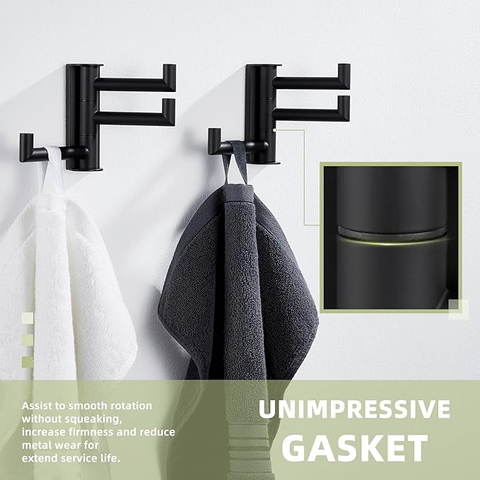 Suyar Towel Hook for Bathroom, SUS 304 Stainless Steel Swivel Coat Robe Holder with 3 Foldable Arms, Wall Hook Matte Black, 2 Pack