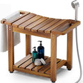 BLUEWEST Shower Bench Seat with Storage Shelf, Natural Wood Shower Benches for Inside Shower to Sit on, Waterproof Bathroom Spa Bench Stool for Legs Shaving with Built-in Handle & Shower Head Holder