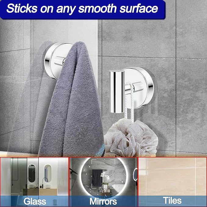 Suction Cup Hooks, Shower Hooks for Inside Shower – Removable Towel Hooks for Bathroom Window Glass Mirror Tile, Bath Robe Looafh Hook for Hanging – Waterproof & Rustproof, Chrome (2 Pack)