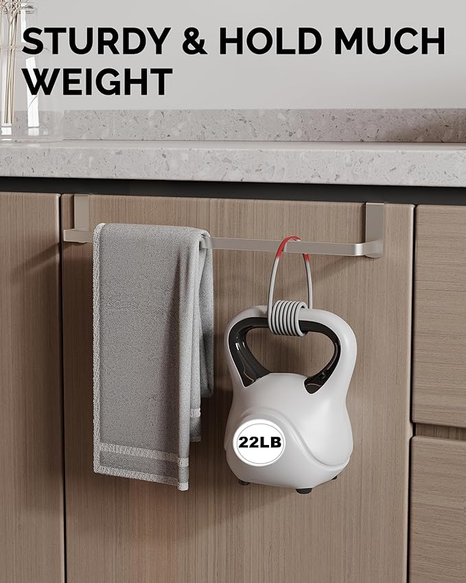 Over Cabinet Towel Rack, 2 Pack 14 Inch Over The Door Towel Bar Towel Hanger for Kitchen, Stainless Steel Over Cabinet Cupboard Kitchen Towel Holder, Foam Protective Mats (Silver)