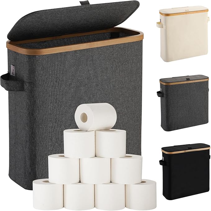 Toilet Paper Storage Basket with Lid for Mega Rolls, Large Bamboo Toilet Paper Organizer Storage Holder Stand for Bathroom, Enclosed Tissue Storage Bin Box Container Free Standing, Gray