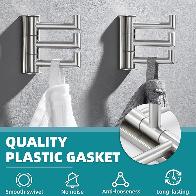 APLusee Swivel Towel Hook 2 Pack Brushed Nickel, 304 Stainless Steel Hook with Three Arms, Wall Mount