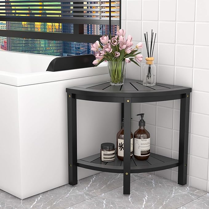 Zhuoyue Bamboo Corner Shower Stool Bench Waterproof with Storage Shelf, for Shaving Legs or Seat in Bathroom & Inside Shower