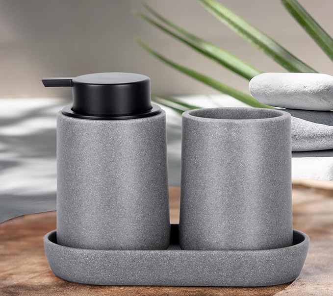Grey Bathroom Accessories Set, 3 Pcs Resin Bathroom Accessories Complete Set, Sandstone Look Soap Dispenser with Large Pump, Toothbrush Cup, Soap Dish for Modern Home Decor and Kitchen