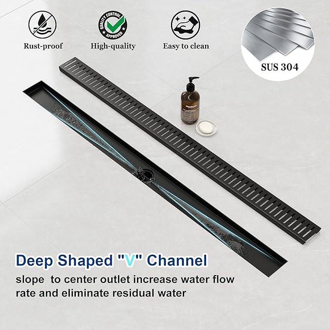 Neodrain 32" Matte Black Bathroom Linear Shower Drain with Removable Capsule Pattern Grate, 304 Stainless Steel Shower Floor Linear Drain- CUPC Certified with Hair Strainer