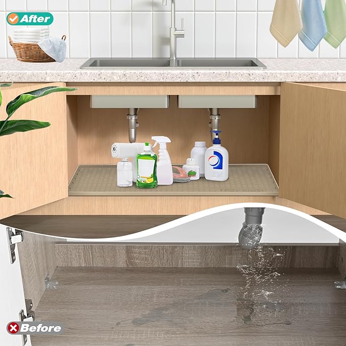 Waterproof Under Sink Mat 34" x 19", Silicone Cabinet Liner, Rubber Protector for Kitchen and Bathroom, Keeps Cabinets Clean, Dry, and Organized (Light Grey)