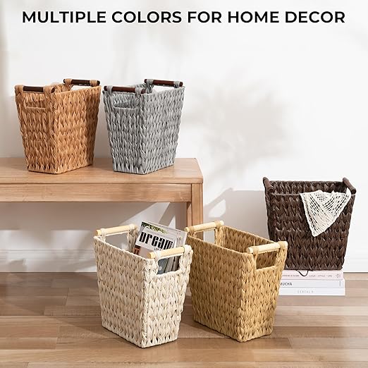 GRANNY SAYS Woven Waste Basket, Gray Wicker Basket with Wood Handles, Wicker Waste Basket for Bathroom Living Room, 2-Pack, 13" x 7 ½" x 12 ½"