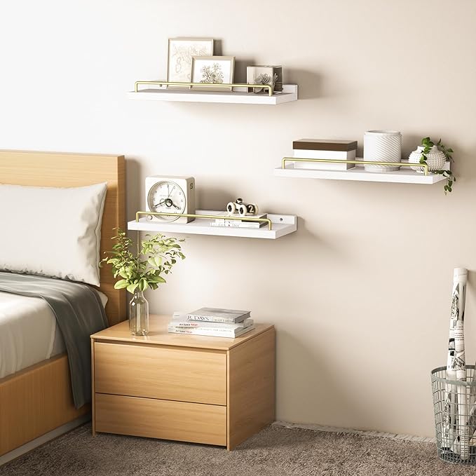 Floating Shelves for Wall Decor, White and Gold Shelves for Bathroom, Living Room, Bedroom, Picture Frames, Plants, Kitchen (Set of 3)