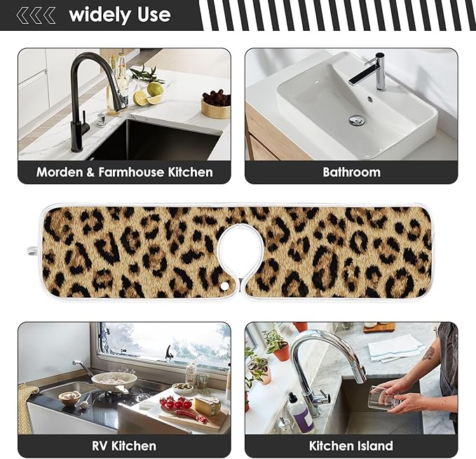 2 PCS Kitchen Sink Splash Guard 14.9 Inch Faucet Mat for Kitchen Sink Bathroom Sink Faucet Absorbing Drip Drain Mat Pad Microfiber Soft Washable Brown Leopard Print