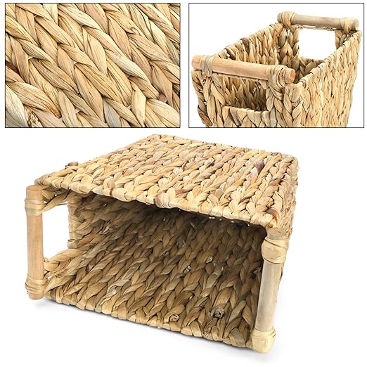 Woven Waste Basket, Water Hyacinth Trash Can with Wooden Handles, Boho Handwoven Storage Container, Rustic Bathroom Garbage Bin, Decorative Magazine Holder for Home, Bedroom, Laundry, Office