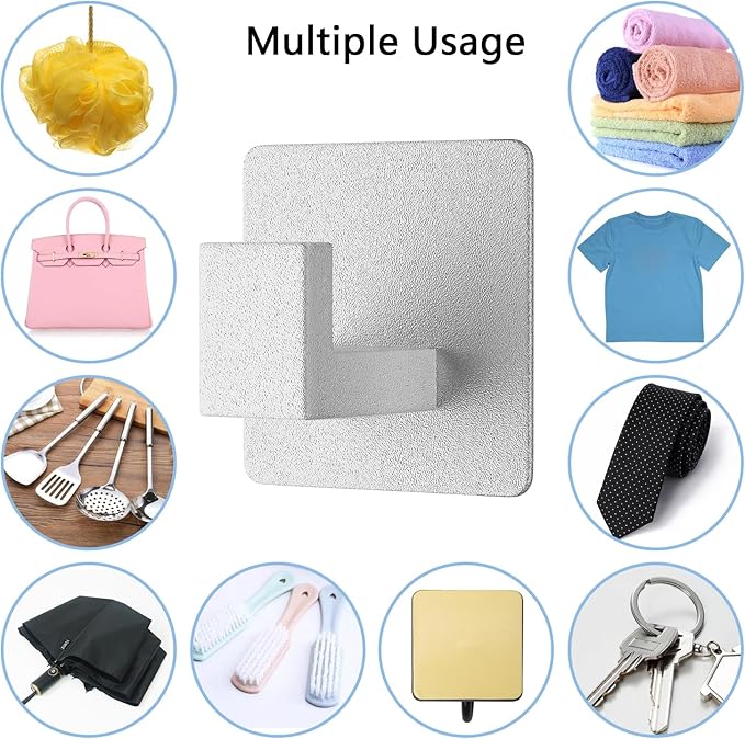 VAEHOLD Adhesive Towel Hooks, Heavy Duty Wall Hooks Aluminum Black Hooks for Hanging Coat, Hat, Towel, Robe, Clothes, Shower Hook for Door, Office, Kitchen, Bathroom - 2 Pack (Silver)