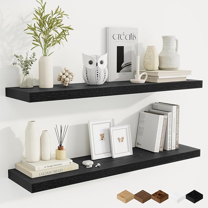 Fun Memories 40" Rustic Wood Floating Shelves with Invisible Brackets for Storage & Decor, Deep Wall Mounted Shelves for Bathroom, Kitchen, Living Room (Black, Set of 2)