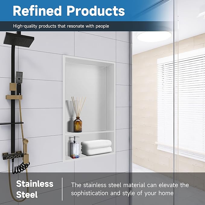 Shower Niche 13" X 25" White, Stainless Steel Wall Niche Double Shelves Recessed Shower Shelf for Bathroom Storage, No Tile Needed Over Mount Installation