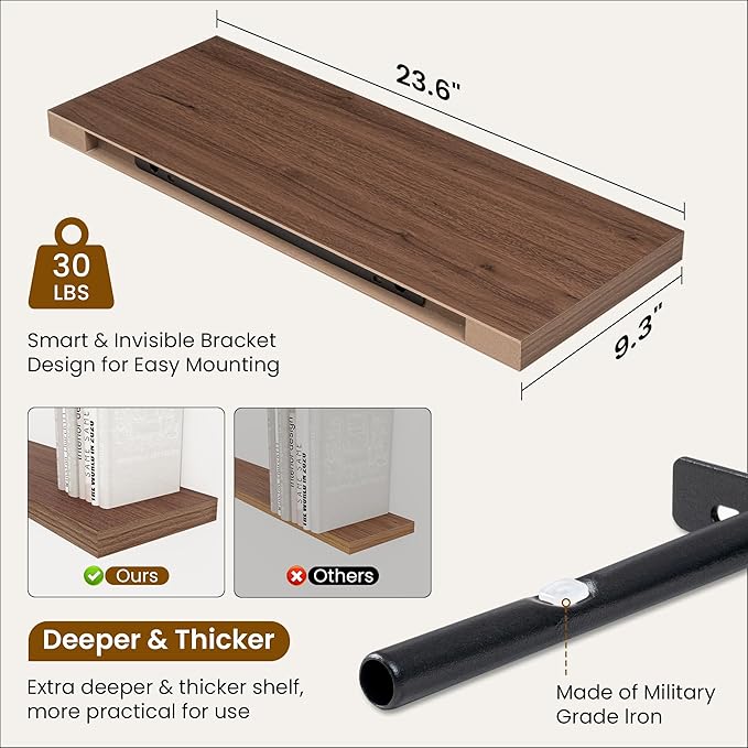 Fun Memories 24 Inch Floating Shelves for Wall, 9 Inch Deep Walnut Rustic Wood Wall Mounted Shelves for Bathroom, Kitchen, Living Room, Set of 2