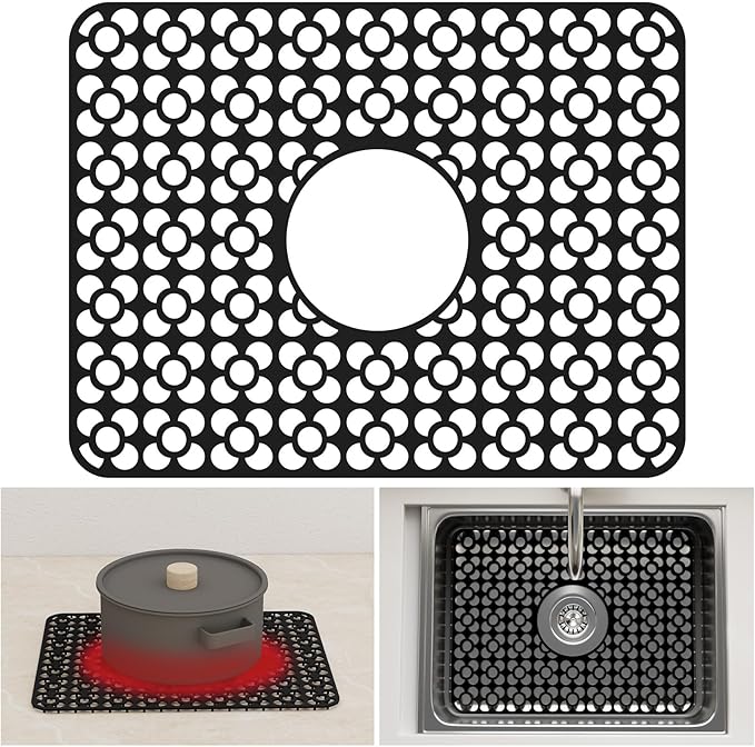 TOOVEM Silicone Sink Protectors for Kitchen, Kitchen Sink Protector Mat, 11.5 x 16.2 Inch Silicone Heat Resistant Non-Slip Sink Mats for Bottom of Kitchen Stainless Steel, Black