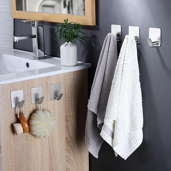 DELITON Adhesive Hooks - 4 Pack Towel Hooks Brushed Stainless Steel, Wall Hooks for Hanging Towels, Clothes, Keys, Stick to Bathroom, Kitchen or Bedroom