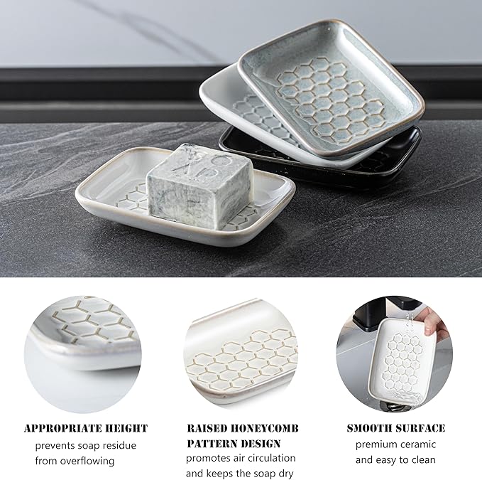 Gomakren Soap Dish for Shower, Ceramic Bar Soap Holder with Honeycomb Design - Soap Saver Tray for Bathroom Kitchen Sink, Sponge & Organizer Tray, Upscale Look, 5.5 Inch, Beige