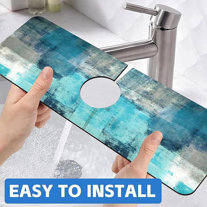 Abstract Teal and Grey Geometric Dish Drying Mat for Kitchen Sink Splash Guard Behind Faucet Sink Mat Absorbent Fast Drying Faucet Draining Mat for Bathroom Kitchen 5.5"×15"