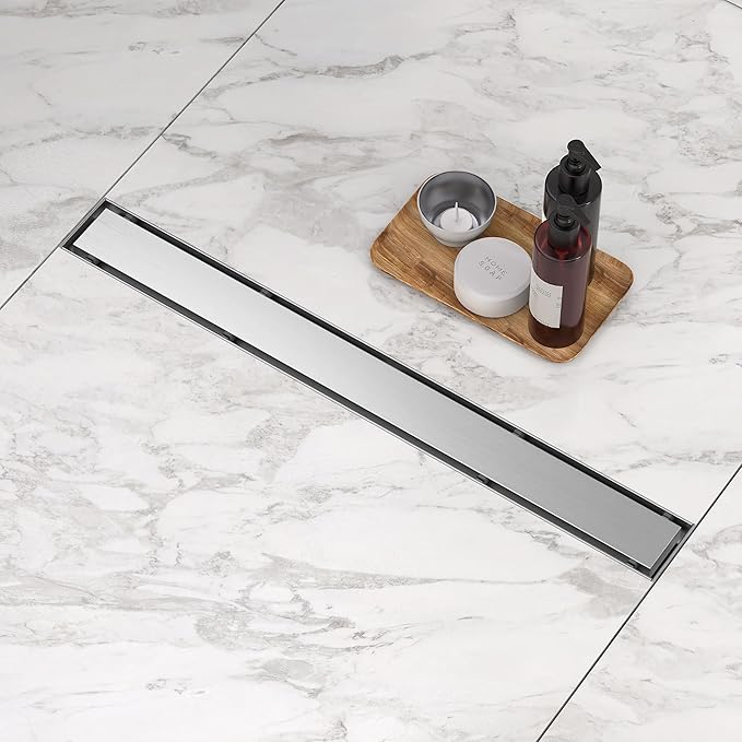 Linear Shower Drain. 18 Inch Shower Trench Drain with 2-in-1 Flat Cover & Inser Cover,304 Stainless Rectangle Steel Shower Floor Drain with Hair Strainer and Leveling Feet (Brushed Nickel, 18 in)