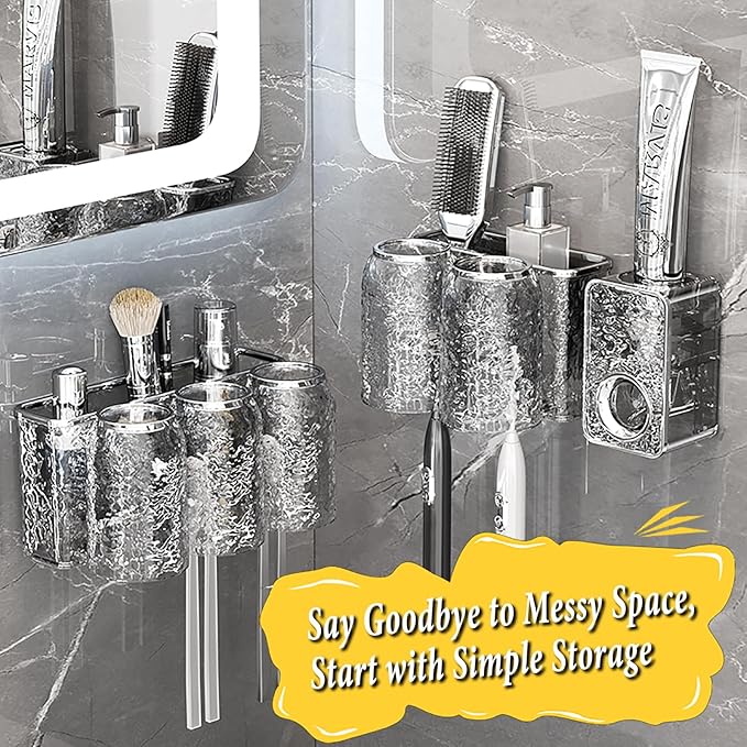 Toothbrush Holders Combo Set for Bathroom，4 Cups Toothbrush Holder Wall Mounted with Organizer，Gift 4 Count Ultra Fine Soft Bristle Crystal Tooth Brush and Wall Mounted Toothpaste Squeezer