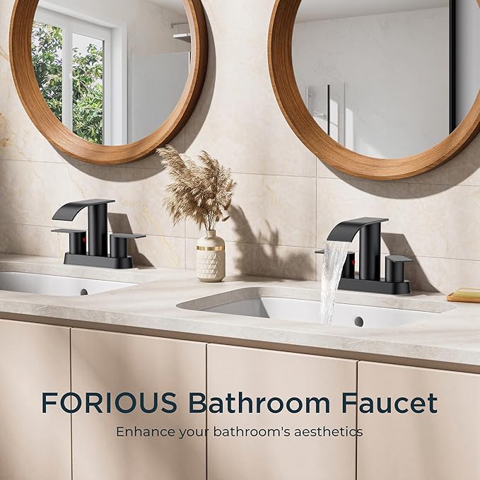 FORIOUS Matte Black Bathroom Faucets, Waterfall 4 Inch Centerset Bathroom Sink Faucet with Metal Pop up Drain and cUPC Hose for Basin, Vanity, RV, Pedestal 2 or 3 Hole Sink