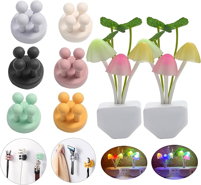 ZEZHOU Silicone Toothbrush Holders for Bathrooms - 6Pcs Razor Holder for Shower Wall Mounted + Sensor Led Mushroom Night Light - 2Pcs Color Changing Plug-in LED Mushroom Dream Bed Lamp