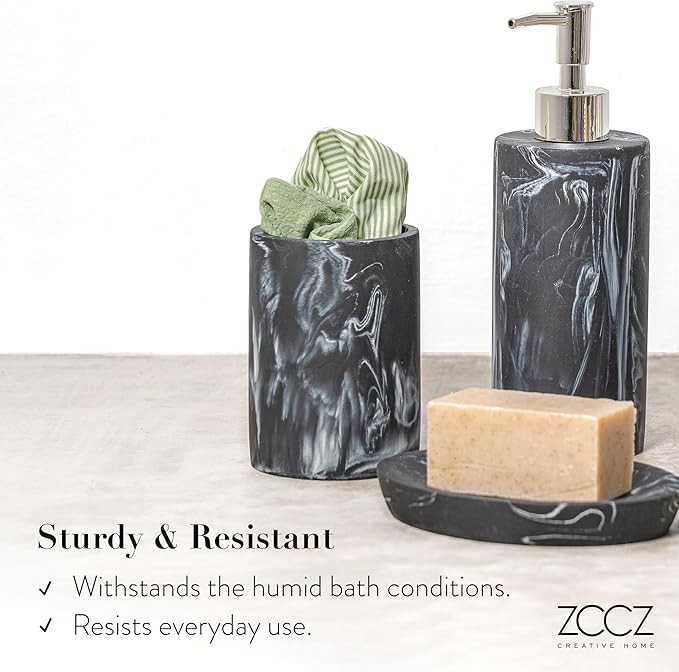 ZCCZ Bathroom Accessories Set, 4-Piece Marble Pattern with Soap Dispenser, Toothbrush Holder, Tumbler, and Soap Dish for Modern Bath Décor, Elegant and Durable Design for Home or Office Bathrooms
