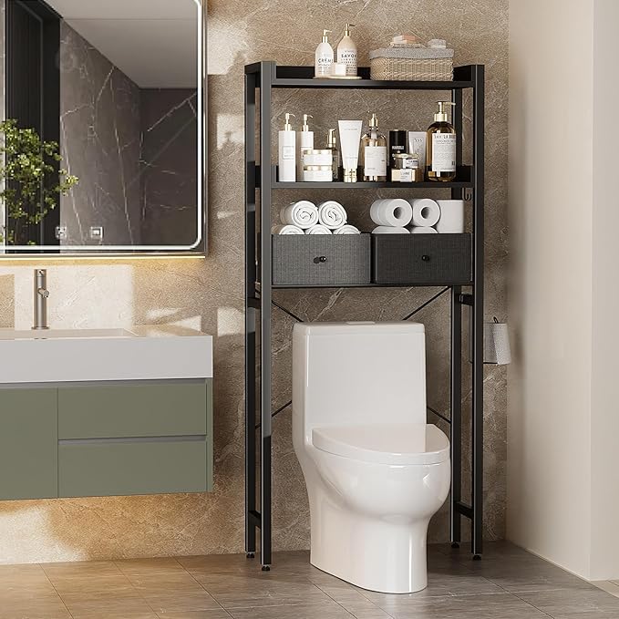 Housolution Over The Toilet Storage with 2 Drawers, 3 Tier Over Toilet Bathroom Organizer with Height Adjustable Shelves and Hooks, Space Saver Above Toilet for Bathroom/Restroom/Laundry, Black