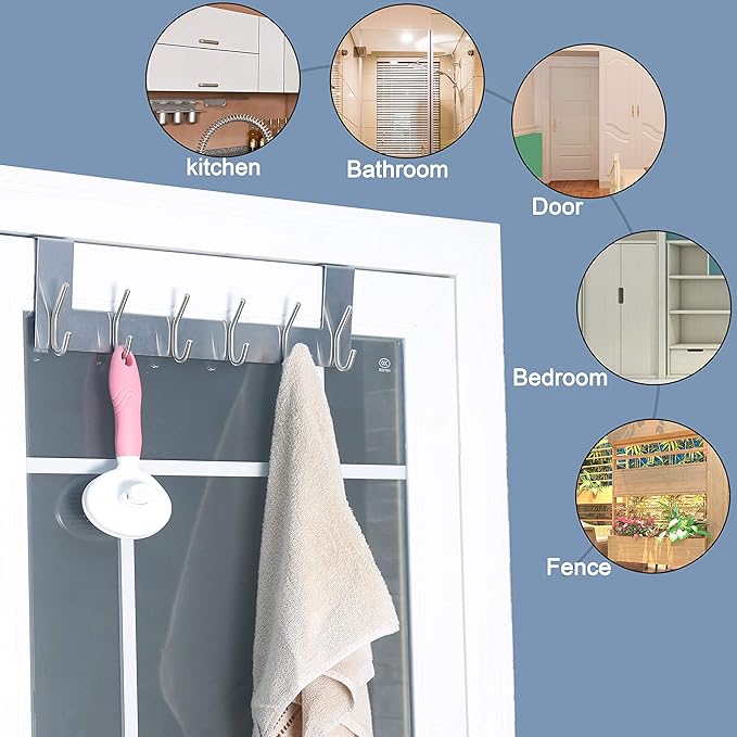 SKOLOO Over The Door Hook - 6 Hooks, No Assembly Required, Stainless Steel Door Hooks, Over Door Coat Rack for Hanging Coats Clothes Hats Robes, Silver, Pack of 2