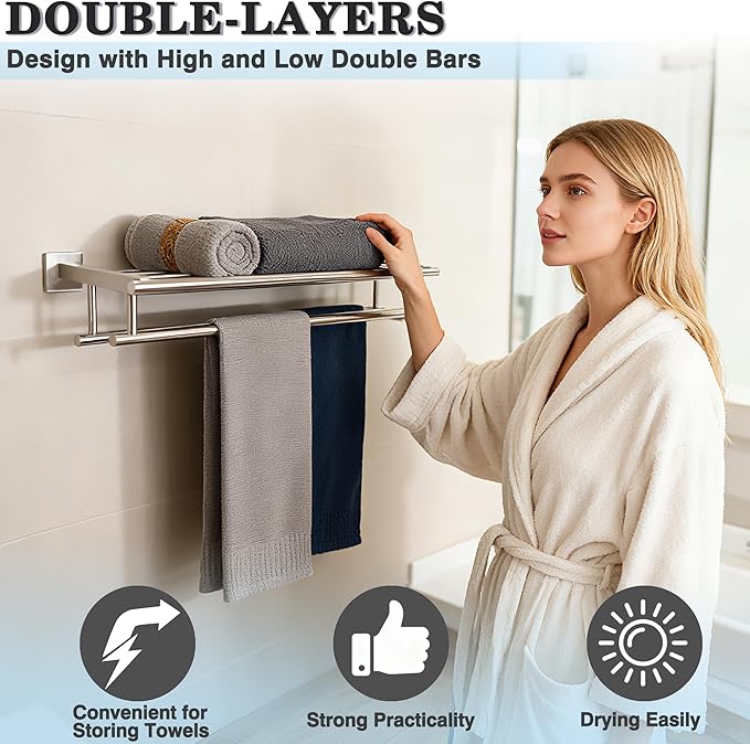 Alise Towel Rack,Towel Holder Towel Shelf with Double Towel Bars for Bathroom Lavatory,SUS 304 Stainless Steel Wall Mount Towel Hanger Storage,16 Inch Brushed Nickel,GZ8040-LS