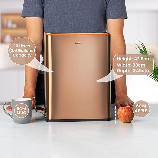 RED FACTOR Slim 2.6 Gallon Stainless Steel Pedal Trash Can with Soft Close Lid for Narrow Spaces – Wastebasket Bin with Removable Inner Bucket for Bathroom, Kitchen, Bedroom or Office (Copper)