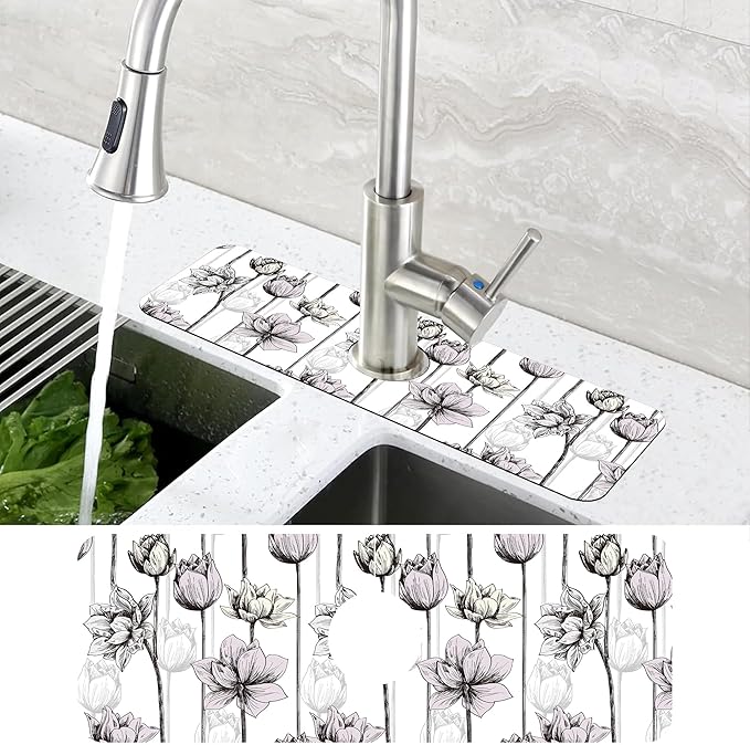 Water Lily Flower Kitchen Sink Splash Guard Mat Absorbent Fast Drying Mat Faucet Draining Mat Sink Splash Guard Behind Faucet Drip Catcher for Kitchen Bathroom 5.5"×15"
