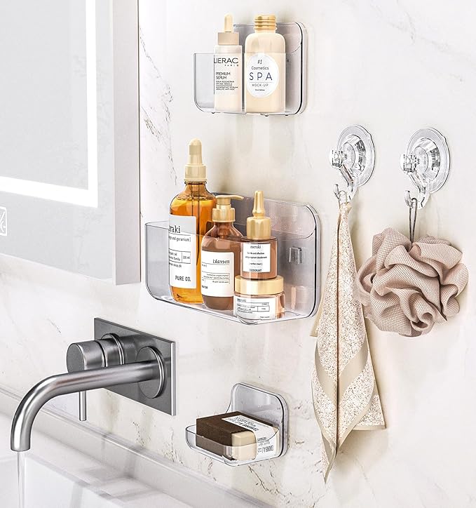 Shower Shelves, 5 Pack Adhesive Clear Acrylic Bathroom Shower Organizer Caddy, Transparent No Drilling Wall Mount Bathroom Storage with Soap Holder and Hooks