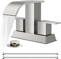 FORIOUS 4 Inch Centerset Brushed Nickel Bathroom Faucet, 2 or 3 Hole Waterfall Square Bathroom Sink Faucet with Metal Pop-up Drain and Supply Lines, Two Handles for Vanity, Lavatory Room, Pedestal