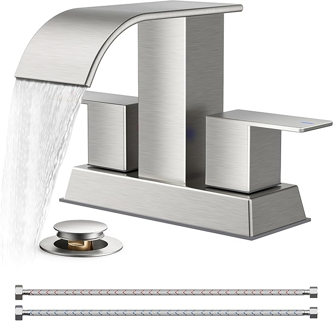 FORIOUS 4 Inch Centerset Brushed Nickel Bathroom Faucet, 2 or 3 Hole Waterfall Square Bathroom Sink Faucet with Metal Pop-up Drain and Supply Lines, Two Handles for Vanity, Lavatory Room, Pedestal