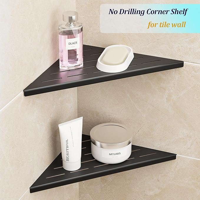 Neodrain 10 in Matte Black Corner Wall Shelf Set of 2, Floating Corner Shelves for Wall, 304 Stainless Steel Shower Storage Shelves for Bathroom, No Drilling