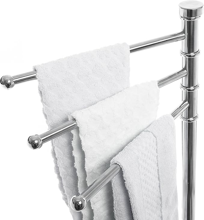 MyGift 38 Inch Silver Metal Freestanding Towel Rack for Bathroom with 3 Swivel Arms and Sturdy Round Base