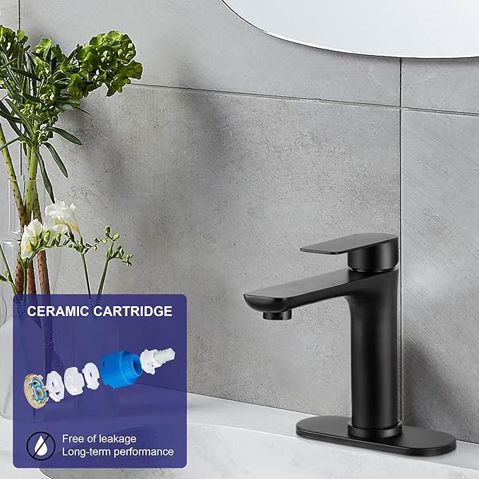 Homikit Matte Black Bathroom Faucet for 1 Hole or 3 Holes, 18/10 Stainless Steel Single Handle Bathroom Sink Faucets for RV Vanity Basin Lavatory Bath with Pop Up Drain & 2 Supply Hoses