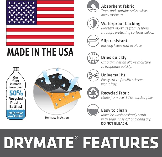 Drymate Faucet Splash Guard Mat for Kitchen & Bathroom Sink, Thin Countertop Drip Protector Drying Pad, Absorbent, Waterproof, Washable (USA Made) (18" W x 4.33" L x 0.13" H With Pre-Cut 2.5" Hole)
