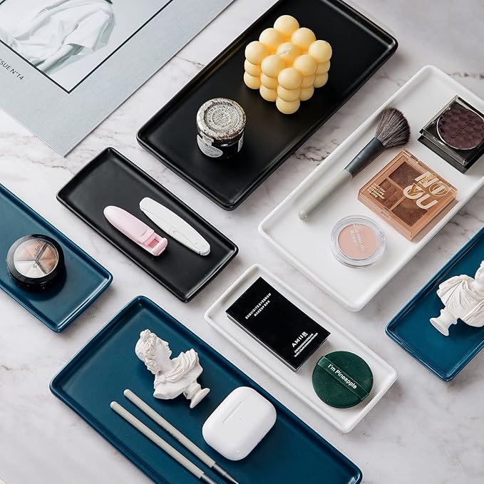 Bathroom Tray countertop 10" Set of 2, Ceramic Vanity Tray,Organizer Tray,Kitchen soap Tray (Black)
