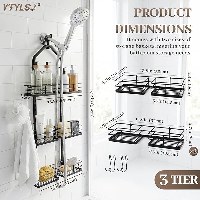 Aluminum Alloy Hanging Shower Caddy for Handheld Shower Heads, 3-Tier Adjustable Shower Rack, Rustproof Hose Hanging Shower Organizer with 2 S-Hooks, Matte Black