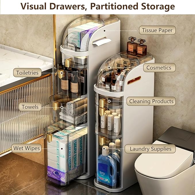 3-Tiers Narrow Bathroom Floor Storage Cabinet 7.1″ Plastic Drawers Organizer with Tissue Box and Wheels Slim Waterproof Bathroom Cabinet for Small Kitchen Laundry Living Room Toilet Gap