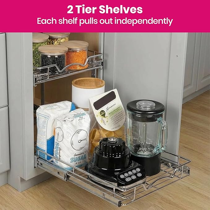 HOLDN’ STORAGE Two Tier Pull Out Cabinet Organizer, Individual Sliding Drawers - Heavy Duty Metal with Lifetime Limited Warranty - Anti Rust Chrome Finish - 30" W x 21”D x 16.5" H