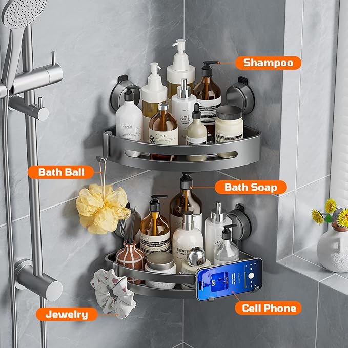 BREIS Corner Shower Caddy Suction Cup, Rustproof Corner Shelf, No Drill Bathroom Organizers & Storage, Large Capacity Shower Caddy with Hooks, Corner Shelf for Bathroom Decor RV Accessories