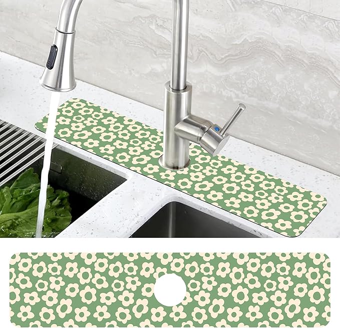 Vintage Groovy Flowers Sink Faucet Absorbing Mat Splash Guard Behind Faucet Sink Mat Absorbent Fast Drying Faucet Draining Mat for Bathroom Kitchen 5.5"×24"