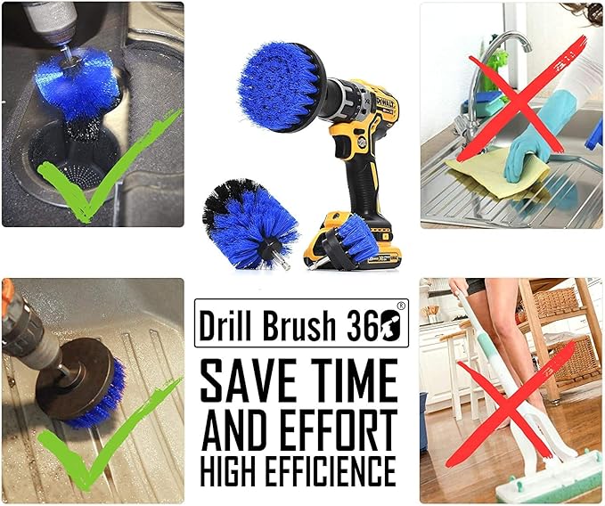 ORIGINAL Drill Brush 360 Attachments 3 pack kit -Blue All purpose Cleaner Scrubbing Brushes for Bathroom surface, Grout, Tile, Tub, Shower, Kitchen, Auto,Boat Fiberglass
